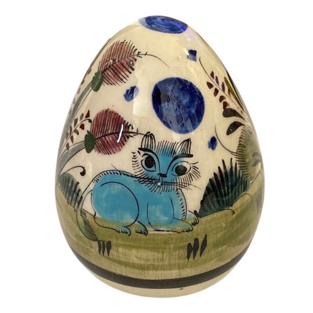Vintage Unique Cat Bird Tonala Pottery Egg Mexican Pottery Art Mexico 3.5"